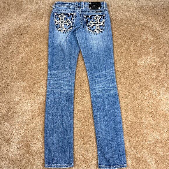 Y2K Miss Me Jeans Womens Blue Rhinestone Cross Signature Straight Jeans Size 26 - Picture 1 of 7